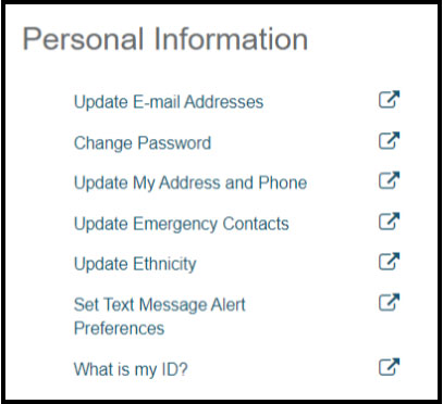 The personal information box menu that is located on MyGateway