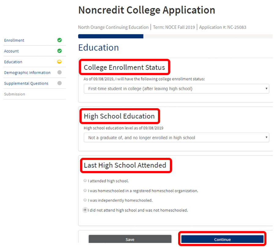 the education portion of the NOCE application