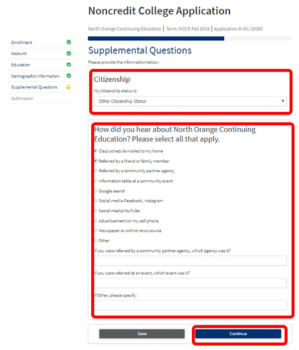 supplemental questions portion of the NOCE application