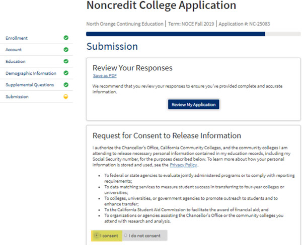 submission portion of the NOCE application