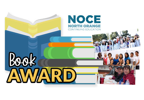 A graphic of a pile of books and pictures of NOCE students.