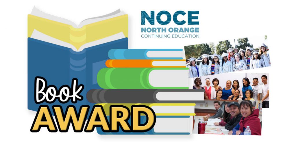 A graphic of a pile of books and pictures of NOCE students.