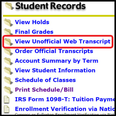 Webstar's student records menu screenshot