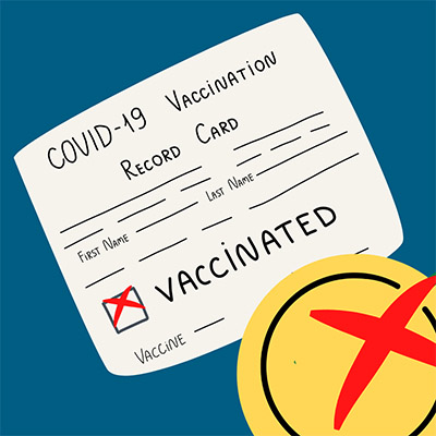Graphic of a COVID-19 Vaccination Record Card with a red x
