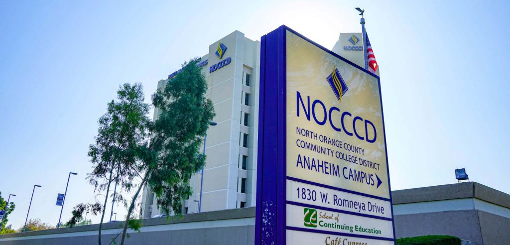 The signage and Anaheim Campus building from the street.