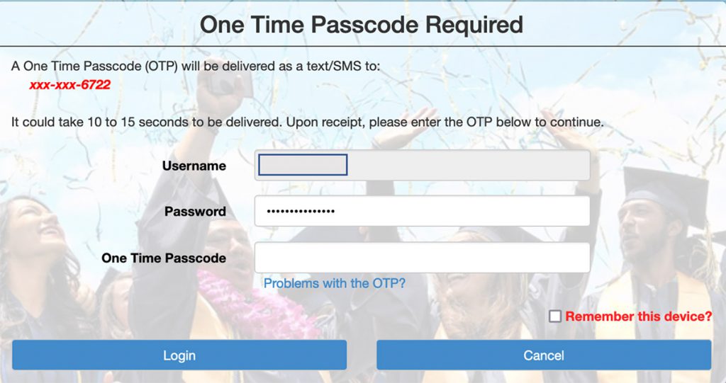 Screenshot of MyGateway asking for a one time passcode