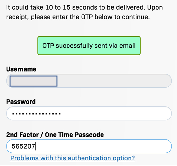 Screenshot of the email passcode being enter on mygateway