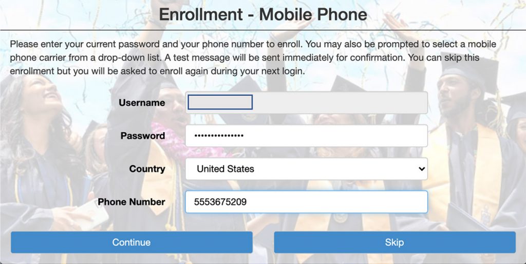 Screenshot of enrolling your mobile phone on MyGateway for two factor authentication