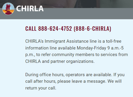 Screenshot of CHIRLA's Contact information