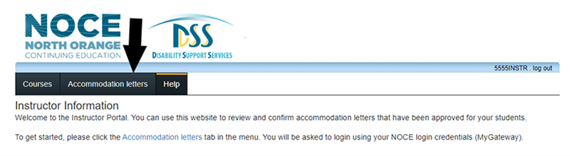 screenshot of the dss instructor portal with a arrow pointing at the accommodations letters tab