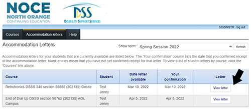 Screenshot of the DSS instructor portal viewing the accommodation menu