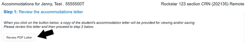 Screenshot of the DSS instructor portal showing how to review PDF Letter