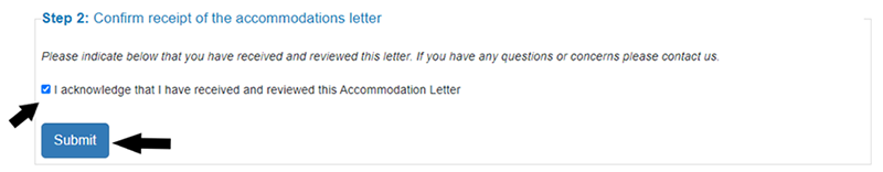 Screenshot of confirming an accommodation letter on the DSS instructor portal