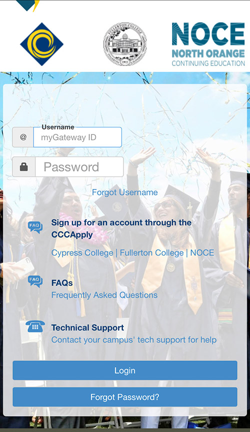 screenshot of the mygateway login page on mobile