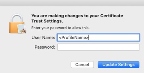 Screenshot of your Mac username and password input to verify changes