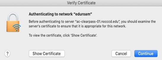 Screenshot of Mac OS WiFi authenticating to eduroam