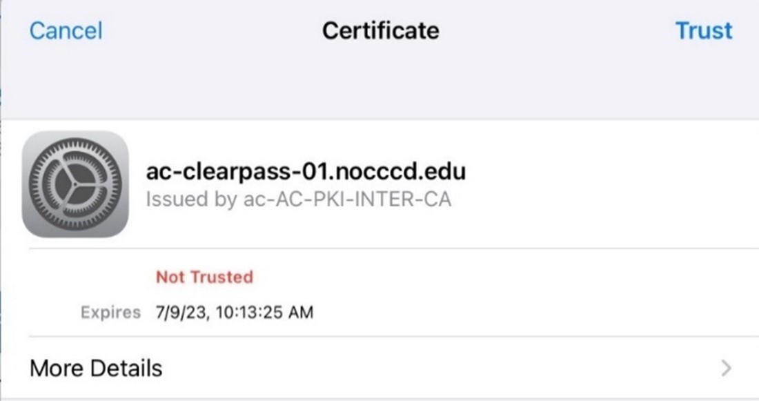 Screenshot of iOS WiFi Certificate screen