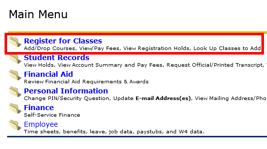Example of the WebStar main menu options