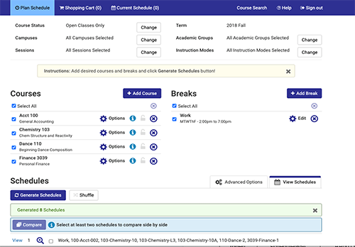 Full screenshot of the college scheduler page