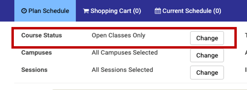 College scheduler screenshot of the top/first section