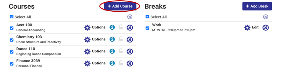 College Scheduler screenshot of the courses and breaks section