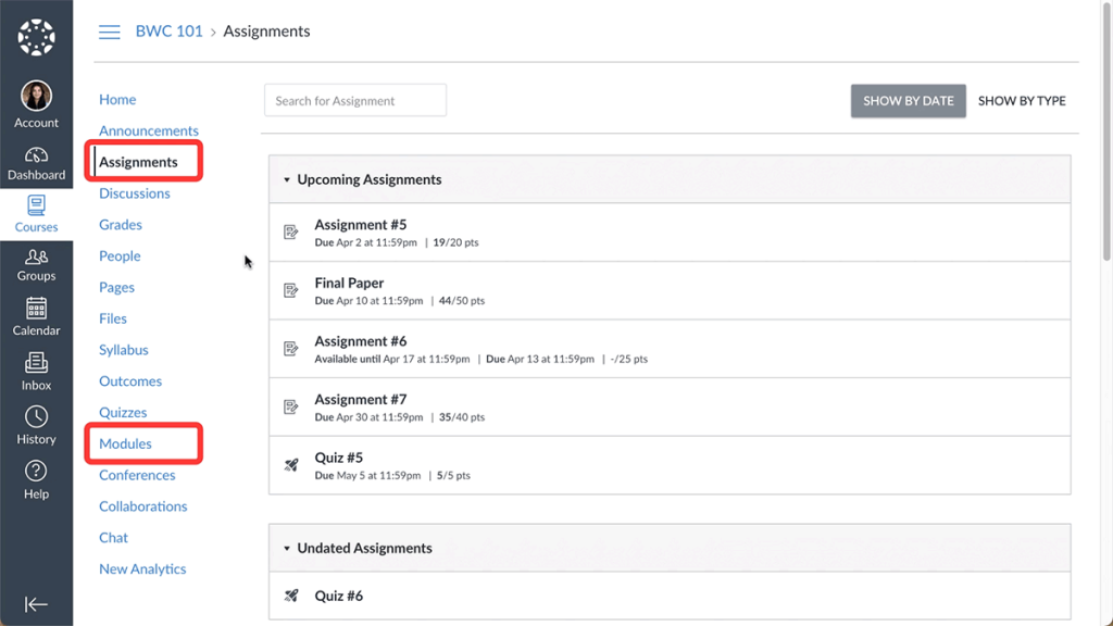 Screenshot of Canvas under Courses with the Assignments page open