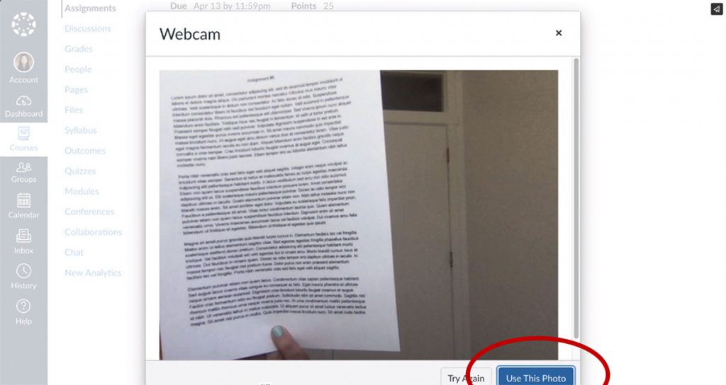 Screenshot of the Canvas Webcam popup with a taken photo, with the Use This Photo button highlighted.