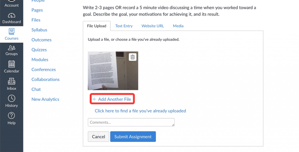 Screenshot of the Start Assignment page with the + Add Another File link highlighted in the File Upload section.