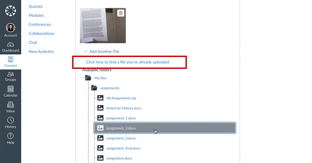 Screenshot of the Start Assignment page with the Click Here to find a file you've already uploaded link highlighted in the File Upload section.