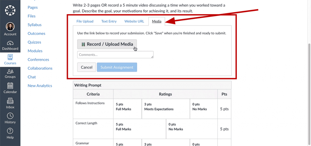 A screenshot of the Canvas Assignment with the Media section selected.