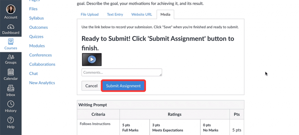 A screenshot of the Canvas Assignment with the Media section open and the Submit Assignment button is highlighted.