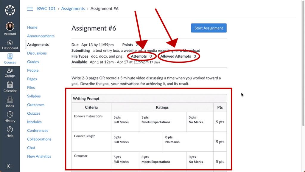 Screenshot of a Canvas Assignment with arrows highlighting the attempts and number of allowed attempts for the assignment.