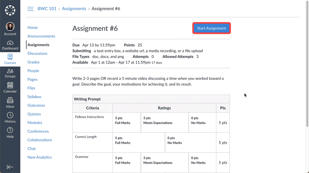 Screenshot of a Canvas Assignment with the Start Assigment button highlighted.
