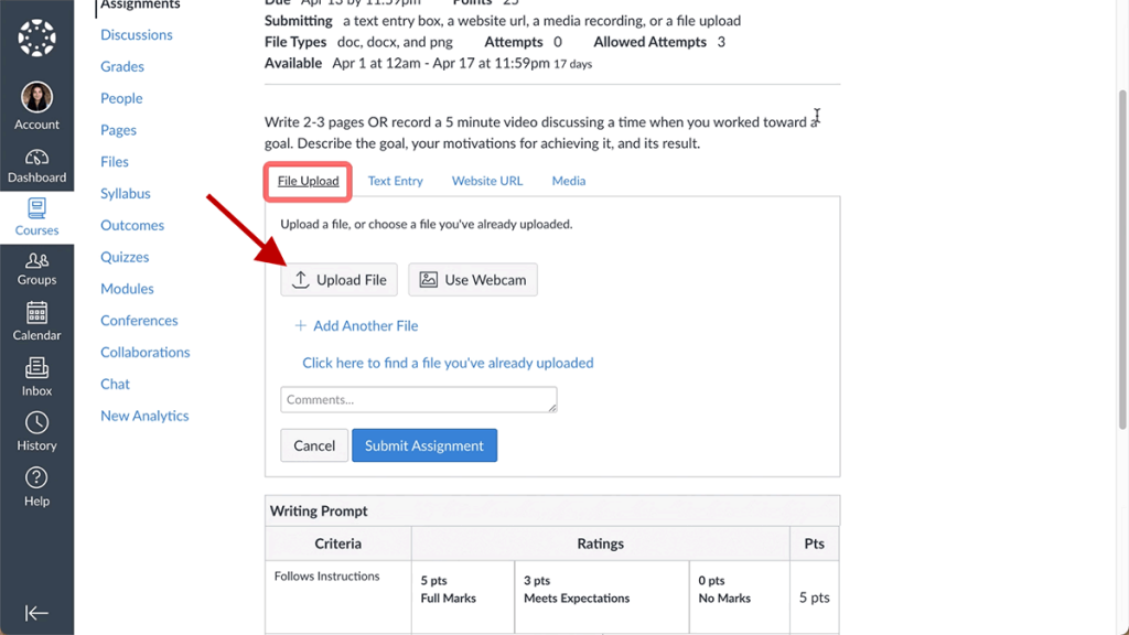 Screenshot of the Start Assignment page with the File Upload section highlighted and an arrow pointing at the Upload File button.