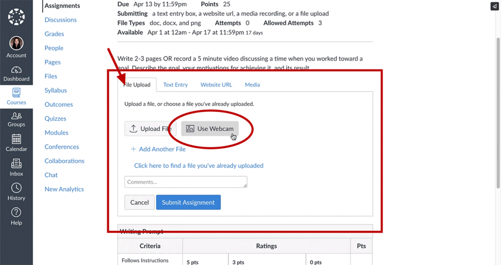 Screenshot of the Start Assignment page with an arrow pointing at the File Upload section with the Use Webcam button highlighted.