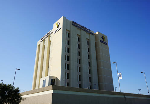 A photo of the tall Anaheim Campus building