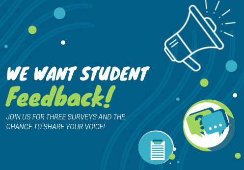 Image saying we want student feedback with a survey graphic and megaphone