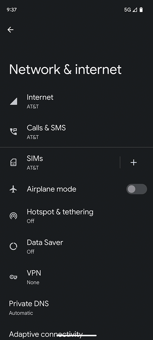A screenshot of the Network and Internet settings on Android