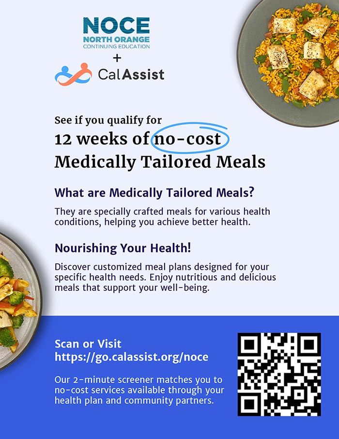 NOCE with CalAssist English flier for 12-week program of no-cost medically tailored meals