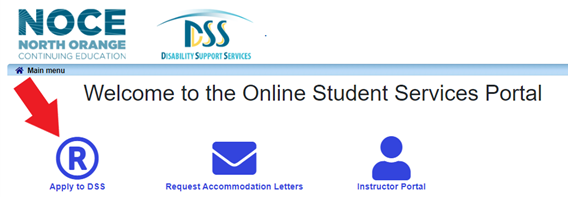 Screenshot of a red arrow pointing to Apply to DSS icon on the DSS Student Portal web page