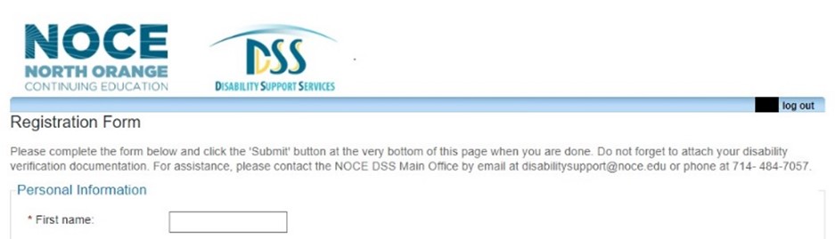 Screenshot of the section at the top portion of the registration form with the NOCE and DSS logos at the top.