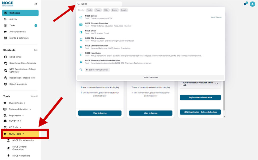 Screenshot of myGateway dashboard with arrows and squares showing where the orientation section is located on the page under NOCE Tools or if you search using the search bar