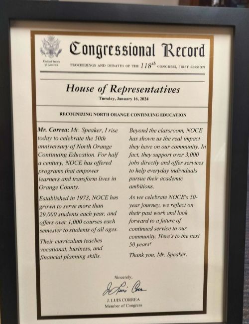 The Congressional Record certificate awarded to NOCE by Congressman Lou Correa