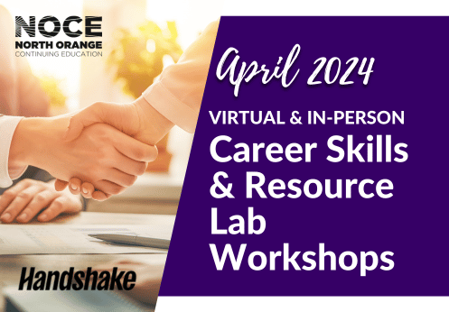 Handshake tutorials April 2024 virtual and in person Career Skills and Resource Lab workshops