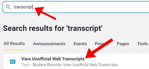 A screenshot of the myGateway search bar with Transcript typed in with the transcript search results. Listed is View Unofficial Web Transcripts