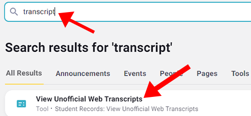 Una captura de pantalla de la barra de búsqueda de myGateway con Transcripción escrita con los resultados de la búsqueda de transcripción. Listado es Ver transcripciones web no oficiales