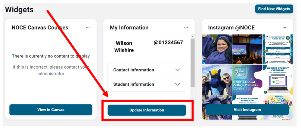 Una captura de pantalla de su página de inicio de myGateway con el cuadro del widget "Mi información" en el centro de la página. Una flecha roja que apunta al botón Actualizar información.
