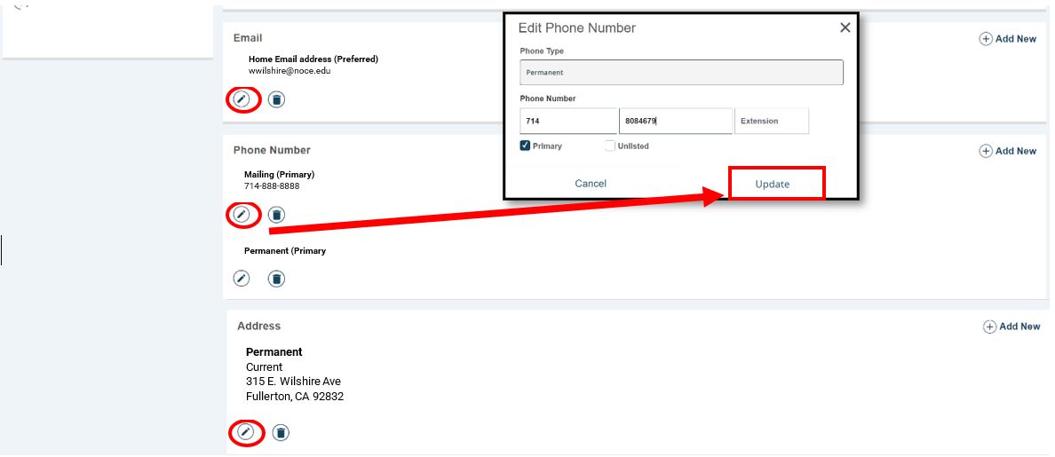 A screenshot of your information on myGateway. Red circles around the edit buttons on the page. The edit buttons have a pen icon and are right next to the trash icons.