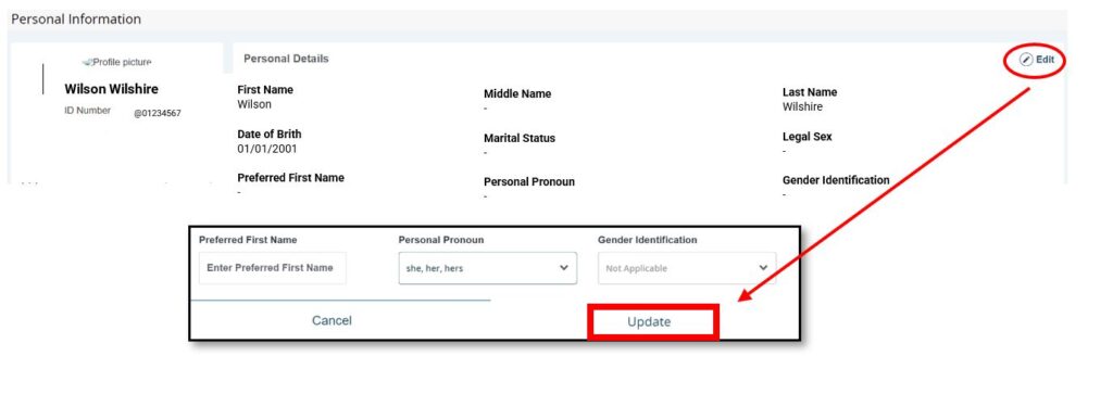 A screenshot of your personal information on myGatewau with a different way to edit your information. Red circle around the Edit link at the top right hand corner of the box.