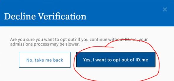 Screenshot of ID.ME verifiy identity opt out confirmation